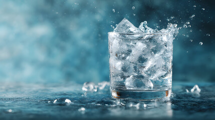 Glass with ice cubes splashing water on wet surface in dramatic evening light