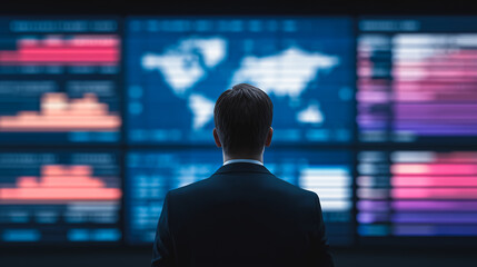 Rear view of a businessman standing in front of a massive data screen showing global market analysis and charts