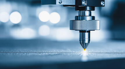 Precision laser cutting or engraving tool in action on metal surface in industrial environment
