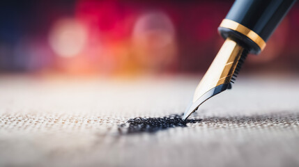Close-up of a luxury gold nib fountain pen writing black ink on textured paper with bokeh background