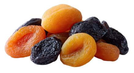 Dried apricots and prunes on a white background