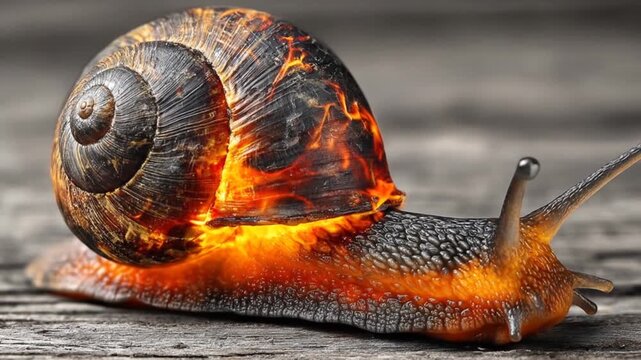 Close up of a snail with ornate shell and textured surface