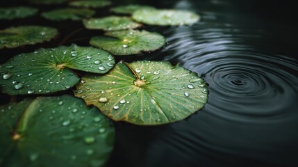 Close up of water lily pads with raindrops and concentric circles in dark water