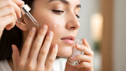 A woman applying Vitamin C serum to her face JPG FILE.