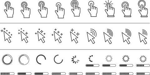 User interface interaction icons set illustrating clicking gestures, cursor actions, loading indicators, progress states, and system feedback elements for web and app design