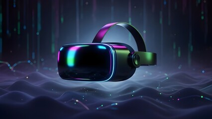A sleek, futuristic VR headset with iridescent metallic finishes and glowing neon accents, hovering over a wavy digital landscape with abstract light particles.