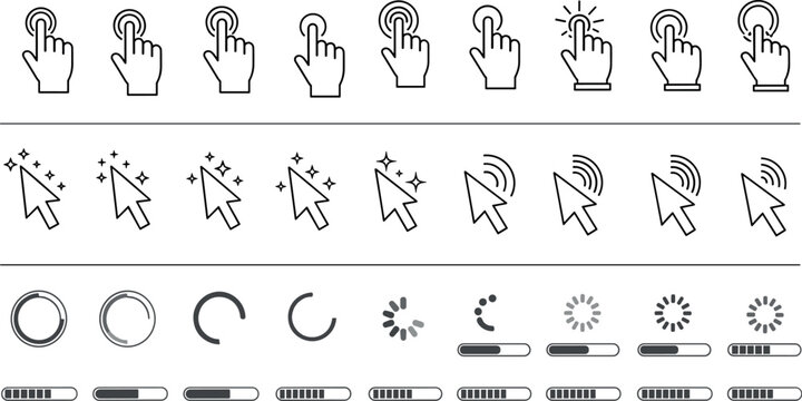 User interface interaction icons set illustrating clicking gestures, cursor actions, loading indicators, progress states, and system feedback elements for web and app design