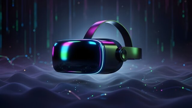 A sleek, futuristic VR headset with iridescent metallic finishes and glowing neon accents, hovering over a wavy digital landscape with abstract light particles. - Powered by Adobe