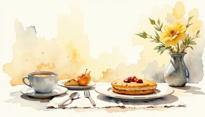 Breakfast table painting with coffee and food a detailed painting capturing a breakfast scene featuring coffee and a plate of food