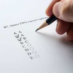 Hand marking two correct options on a multiple-choice exam with a pencil