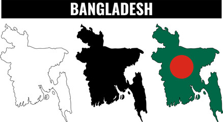 Bangladesh shapes set showing outline, filled shape and flag representation
