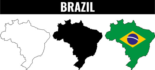 Brazil shapes set showing outline, filled silhouette, and flag design in three styles