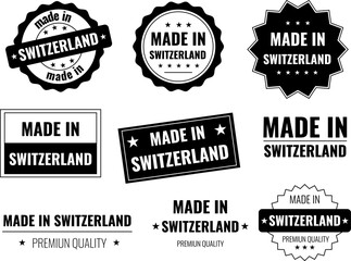 Collection of made in Switzerland labels with black and white icons for product emblems displayed together
