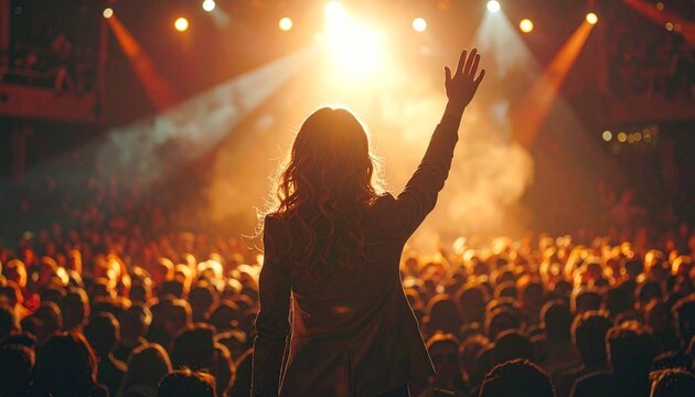 A confident person standing on a stage introducing themselves to a large audience under bright lights