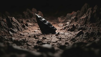Dark and mysterious landscape with a solitary, dark object in a cracked, dry basin, evoking an alien or desolate world.