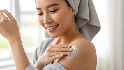 young woman applying cream on her arm in the shower time stock of JPG,,.