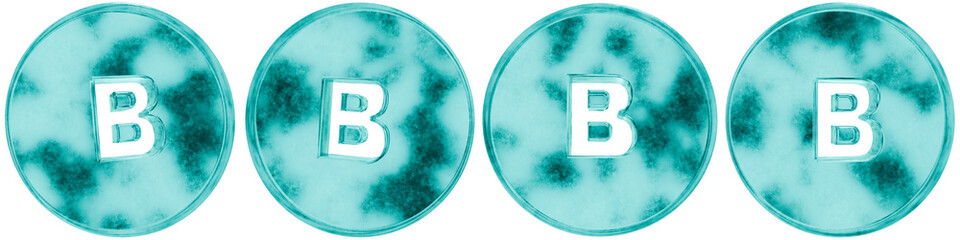 Set of four 3D b alphabet round circle shapes in frosted blue ice glass style, isolated on a transparent background. Glassmorphism icons and 3D elements for modern graphic design. © Thanh