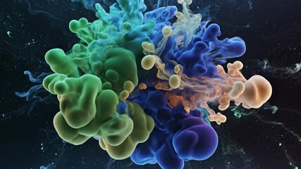 Dynamic microscopic view of abstract colorful particles and glowing light trails representing complex biological processes cellular interactions or advanced technological networks in a dark environme. - Powered by Adobe