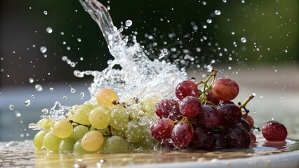 Fresh red and green grapes splashing under water stream outdoors, concept for healthy eating, vineyard freshness, fruit washing, organic produce, summer snacks, wellness and nutrition visuals