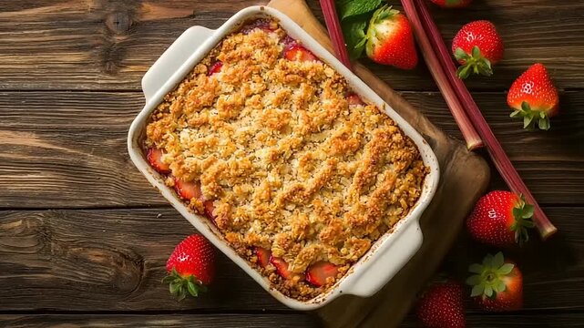 Freshly baked fruit crumble dessert with strawberries and rhubarb on dark wood background