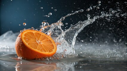 Fresh orange half splashing in water on dark background, concept for citrus freshness, vitamin C, healthy drinks, juice ingredients, wellness visuals, organic food, detox and hydration campaigns