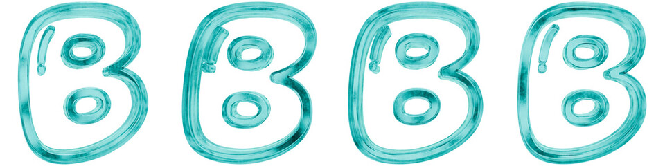 Set of four 3D bubble letter b shapes in frosted blue ice glass style, isolated on a transparent background. Glassmorphism icons and 3D elements for modern graphic design. © Thanh