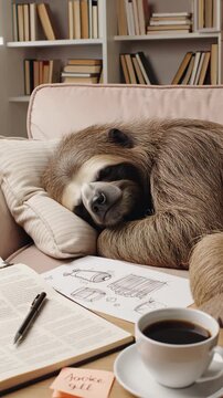 A peaceful sloth sleeping on a beige couch, surrounded by paperwork. A humorous representation of ultimate relaxation or avoidance of work