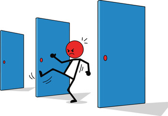 Frustrated stick figure kicking a blue door in frustration.