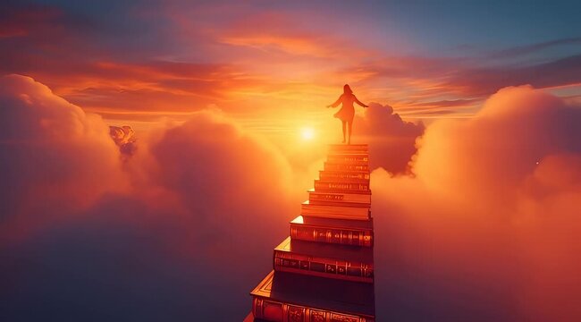 Person walking up stairs made of books through clouds at sunset