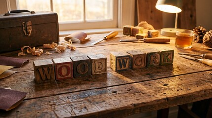 Wooden blocks arranged to spell out wood work sit on a rustic table surface