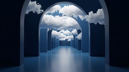 Fototapeta premium Futuristic Blue Tunnel with Cloudscape Ceiling in Surreal Architectural Style