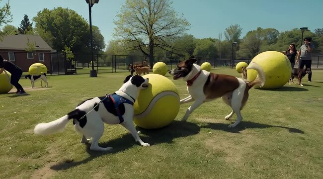 Dogs playing with giant tennis balls in a park on a sunny day