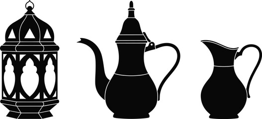 Traditional Arabic lantern and coffee pot silhouette set, elegant black vector illustration for Ramadan, Eid, hospitality, and Middle Eastern cultural design concepts © Sujoy