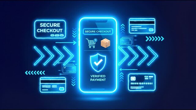 Secure checkout mobile interface with verified payment shield, glowing smartphone and credit card icons conveying encrypted transaction confidence and fast online purchase experience secure checkout
