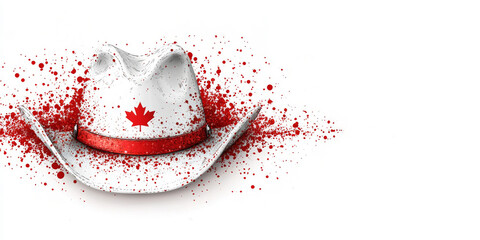 White cowboy hat with red maple leaf and band, splattered with red paint — perfect for Canada Day blogs, Western-themed sites, patriotic campaigns, tourism content, and multicultural festivals 
