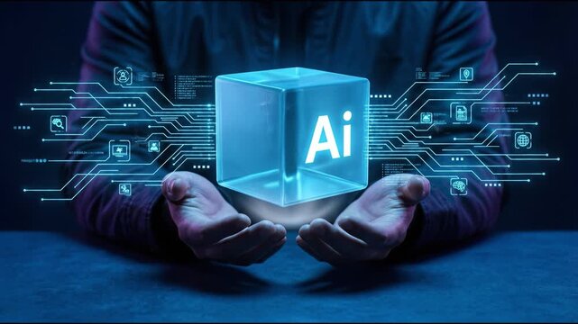 Glowing blue cube with ai floating above open hands, digital circuit lines and technology icons radiating futuristic data visualization innovation mood glowing blue cube ai technology concept hands