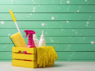 Cleaning supplies organized in a yellow crate with gloves