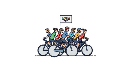 Obraz premium Diverse Group Cycling with Handshake Flag Symbolizing Teamwork.