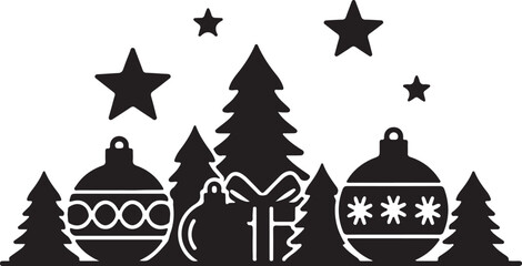 Black and white Christmas scene with trees ornaments and stars holiday 1