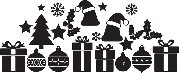 Black and white Christmas themed including Santa hats Christmas tree presents and ornaments