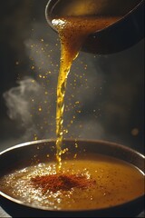 Steaming Golden Broth Poured into Bowl &ndash; Rich Culinary Moment with Spices and Warm Lighting