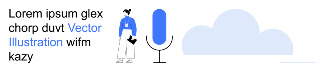 Fototapeta premium Artificial intelligence, cloud storage, voice recognition, technology integration, speech-to-text, data hosting. Minimalistic woman figure, microphone cloud symbol. Voice recognition and cloud