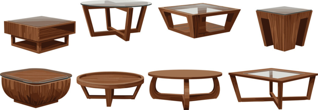Collection of modern wooden coffee tables with glass tops, various geometric shapes for living room furniture design, isolated vector illustrations on white background.