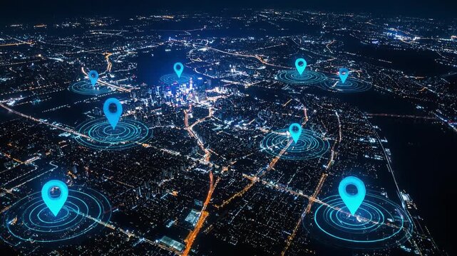 広範囲に広がる都市と発光する位置マーカーが示すデジタル地図表現