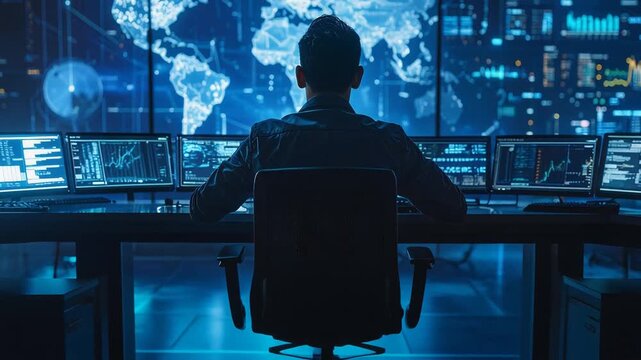 複数モニターに映る世界情報を前に指揮を執る人物が管理業務を行う構図