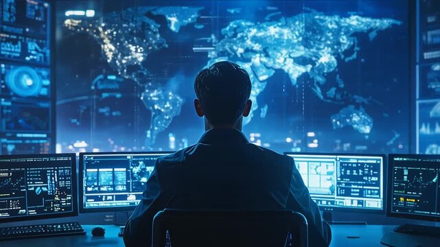 巨大スクリーンに世界地図が表示された管制室で人物が状況を監視する場面