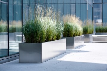 Vibrant green plants elegantly arranged in sleek metallic containers adorn a sunlit terrace of a contemporary building, their reflections glimmering on the glass surfaces nearby