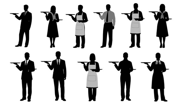 Silhouettes of waiters and waitresses holding serving trays, depicting various service staff.