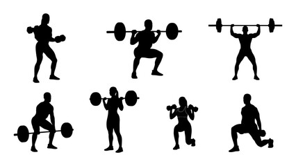Silhouettes of people performing various weightlifting and strength training exercises with barbells and dumbbells, illustrating fitness and workout routines.
