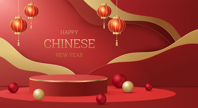 3D vector illustration of red podium with abstract wavy background and hanging lanterns. Concept for happy chinese new year greeting text. Luxury and premium festive holiday design template.